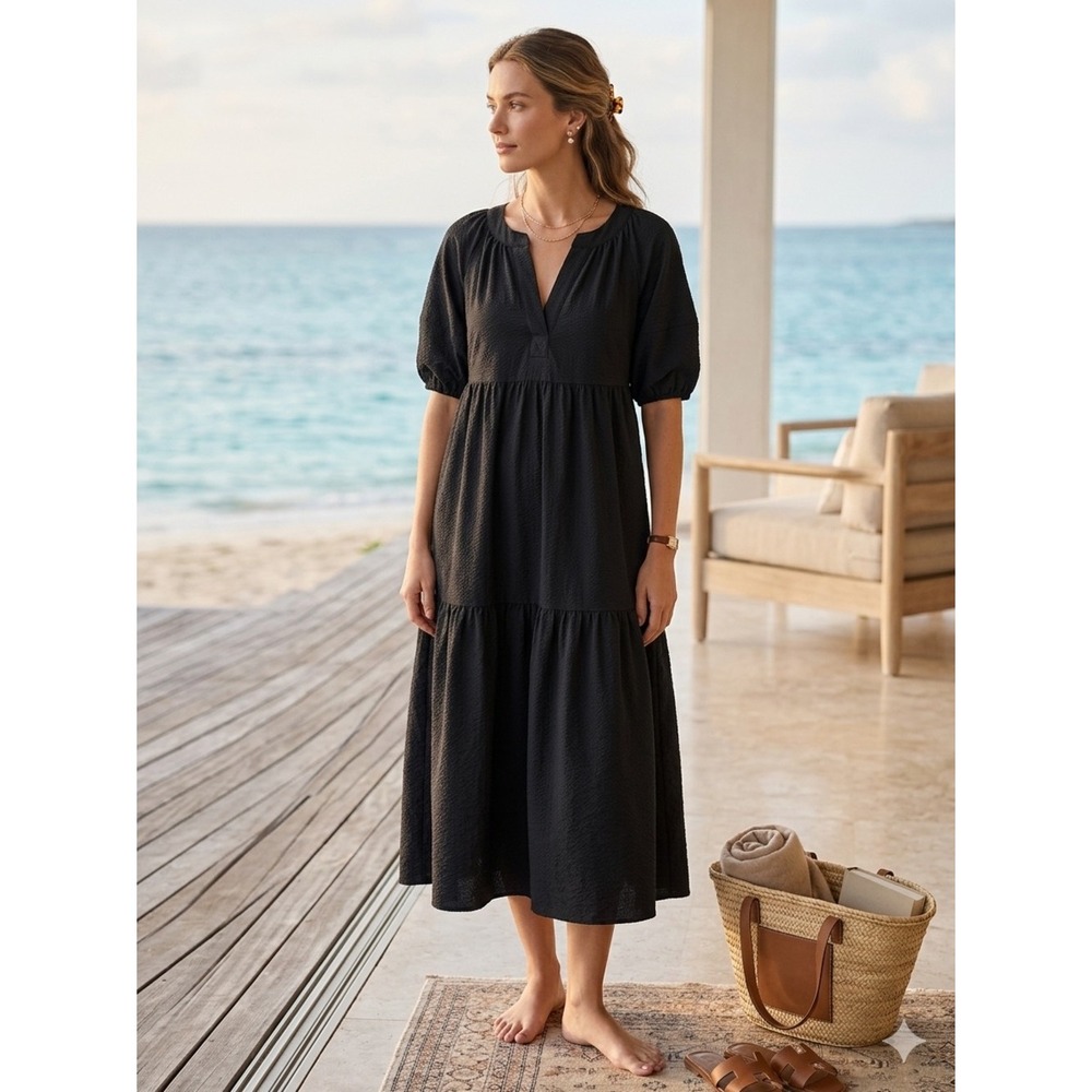 Calvin Klein Black Textured Seersucker Tiered Midi Dress Puff Sleeves 12 Luxury
